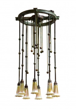 Bronze Moorish Hanging Fixture with Eight  Pulled Feather Shade Quezal Shades